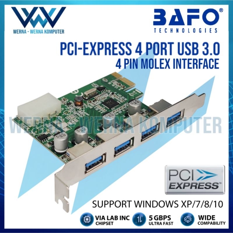 BAFO PCI E PCI-EXPRESS TO USB 3.0 4 PORT + MOLEX POWER EXPANSION CARD