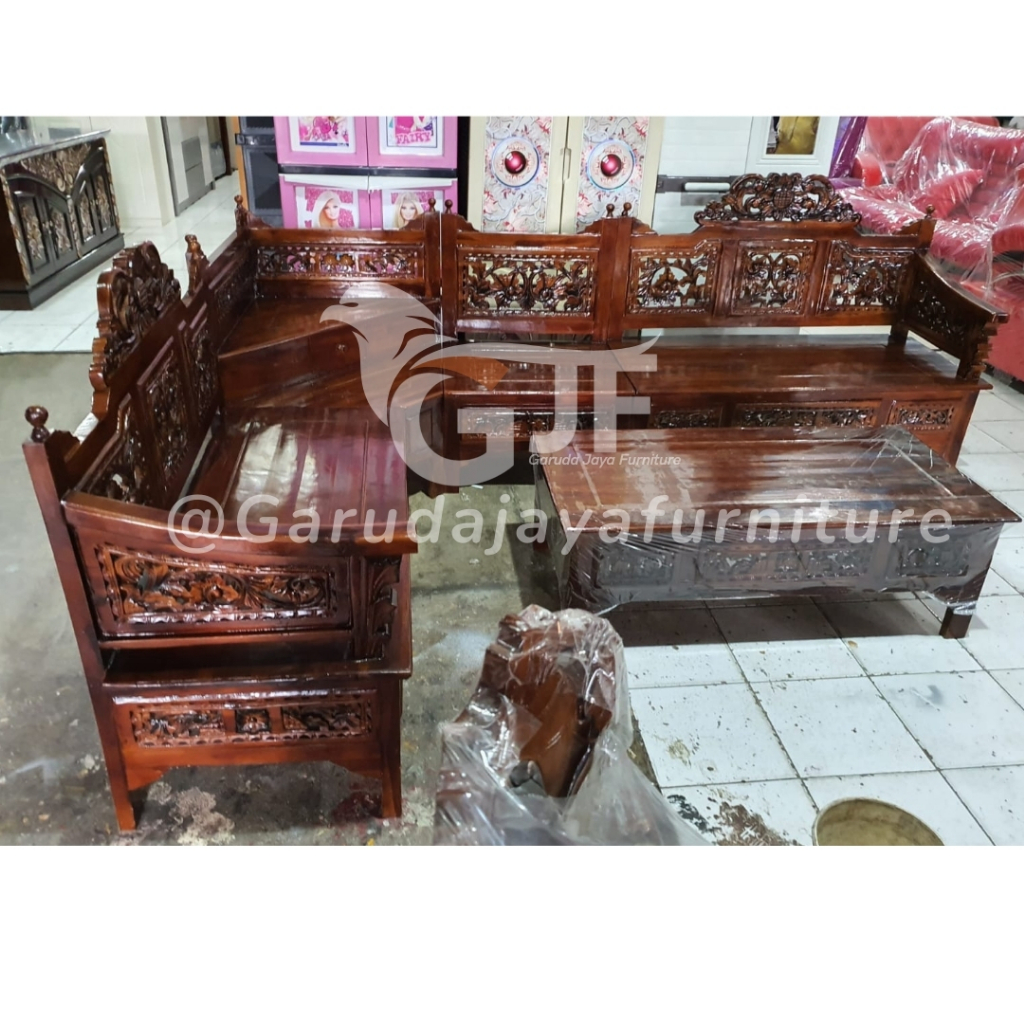 SOFA TAMU KAYU JATI LETTER L /SOFA L KAYU JATI UKIR / KURSI TAMU JATI/SET MEJA DAN KURSI TAMU KAYU D