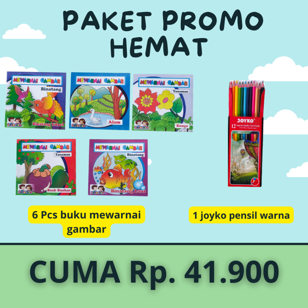 

PAKET PROMO HEMAT 5 PCS BUKU MEWARNAI + JOYKO PENSIL WARNA