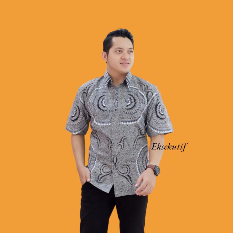 Atasan PRIA BATIK lengan pendek lapis furing Stone abu batik modern premium batik LENGAN PENDEK FURI