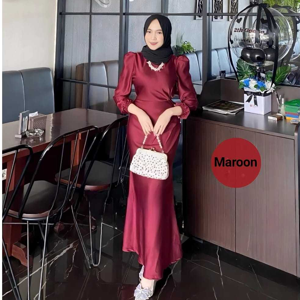 Satin Dress / Dress Wanita Muslim Bahan Satin Silk Mix Mutiara Premium Size Jumbo LD 120CM / Dress K