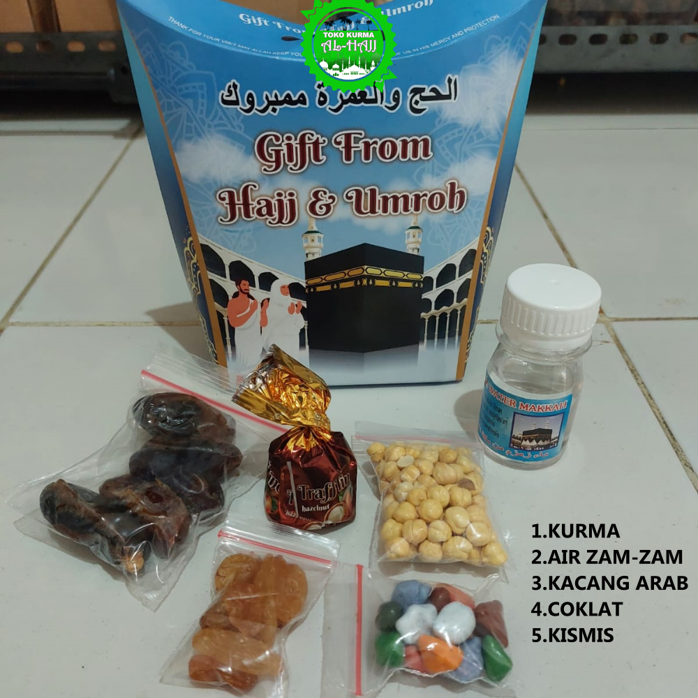 

Paket hempers oleh-oleh haji dan umroh [ kurma,kacang arab,air zam2,kismis,coklat]