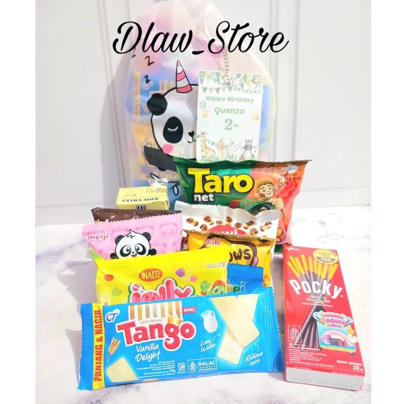 

Paket Snack dan Souvenir Ulang tahun termurah Hampers Ulang tahun Kemasan Pouch Free card