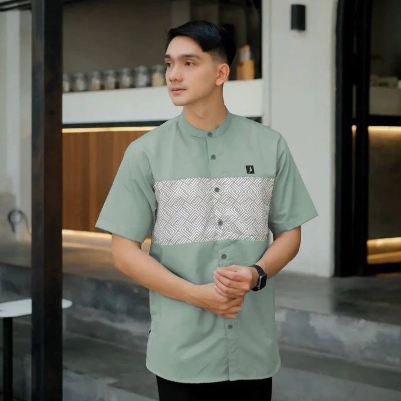 Baju Koko Kurta Lengan Pendek Kombinasi//Koko Pria Lengan Pendek Kombinasi
