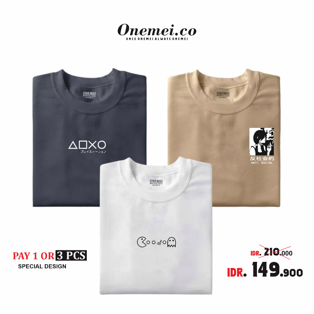 Onemei - Kaos Distro Hemat 3 Pcs Godo Bish T-Shirt Pria Dan Wanita Kualitas Katun Premium
