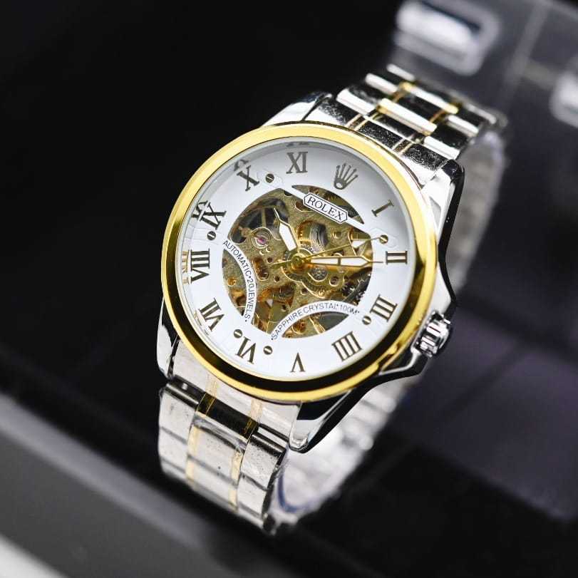 Jam Tangan Pria Rolex Automatic Tali Rantai Body Bulat Angka Romawi Free Box Oranye