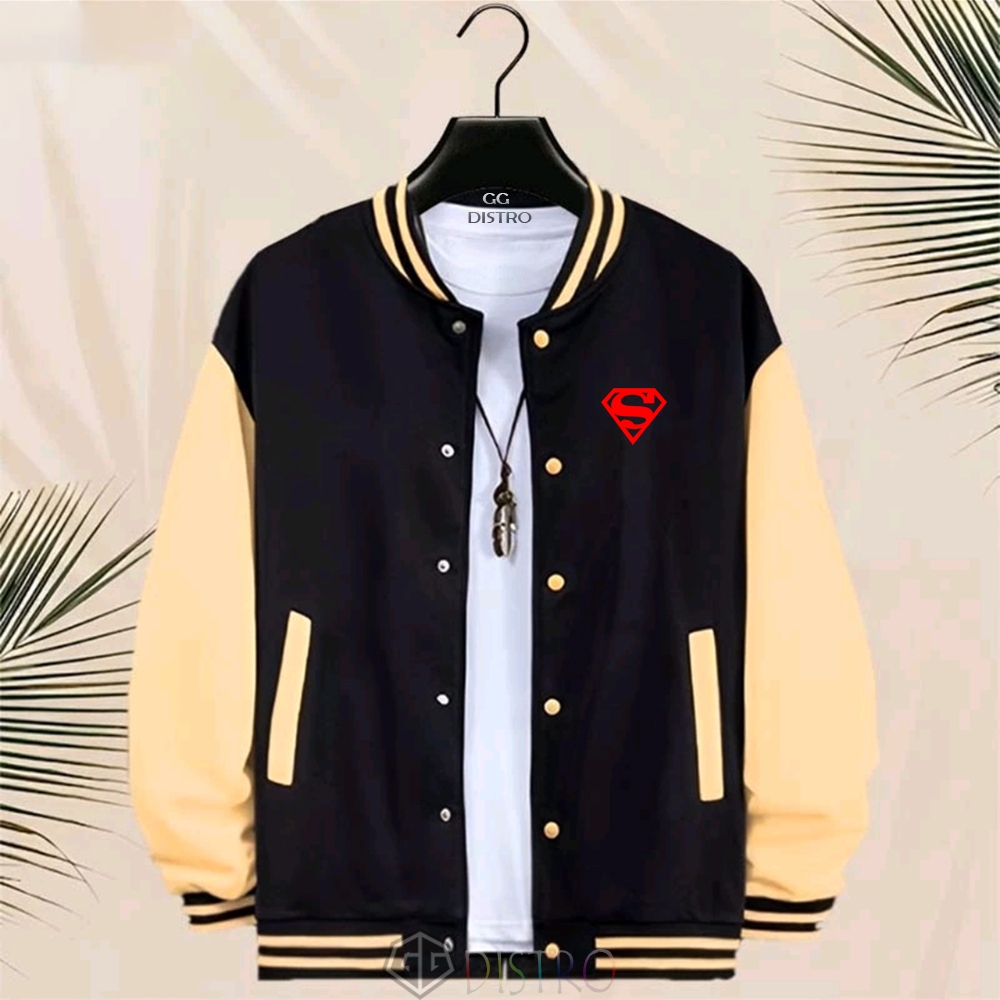 GG Distro - Jacket Unisex Baseball Kancing Jacket Varsity Logo Superman Red Jacket Pria Print