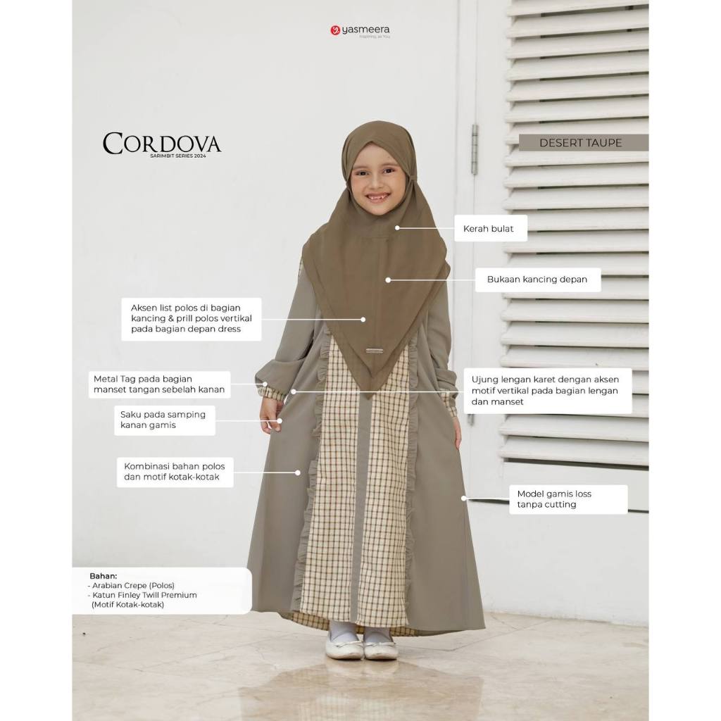 Cordova gamis anak motif kotak bahan crepe mix katun twill by yasmeera