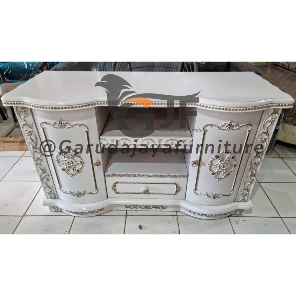 BUFFET TV IMPORT/MEJA TV PUTIH MOTIF UKIR/RAK TV MINIMALIS/RAK TV IMPORT