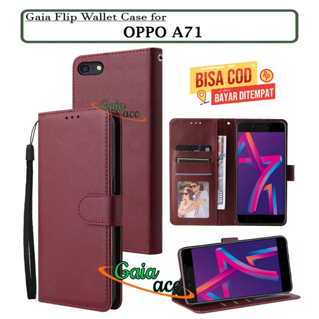 Casing OPPO A71 model flip buka tutup case kulit ada tempat foto dan kartu juga tali hp flip cover
