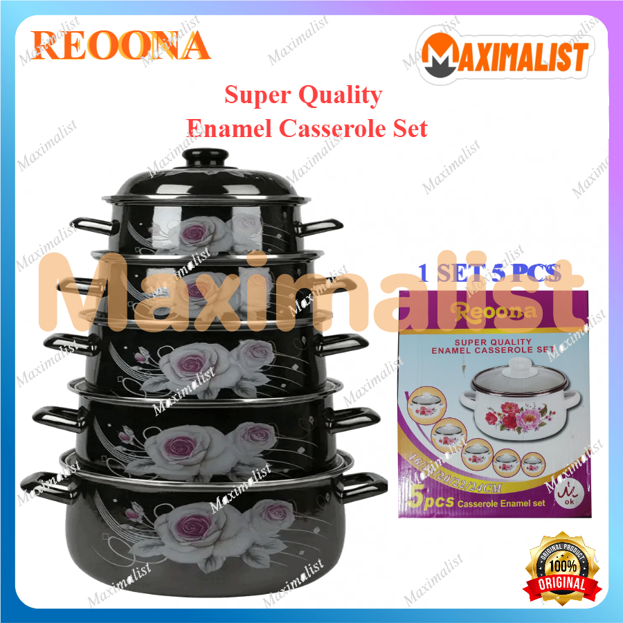 Panci Set Reoona Susun 5 Pcs Motif Bunga - Panci Enamel Casserole Set Warna Hitam Motif Bunga - Panc