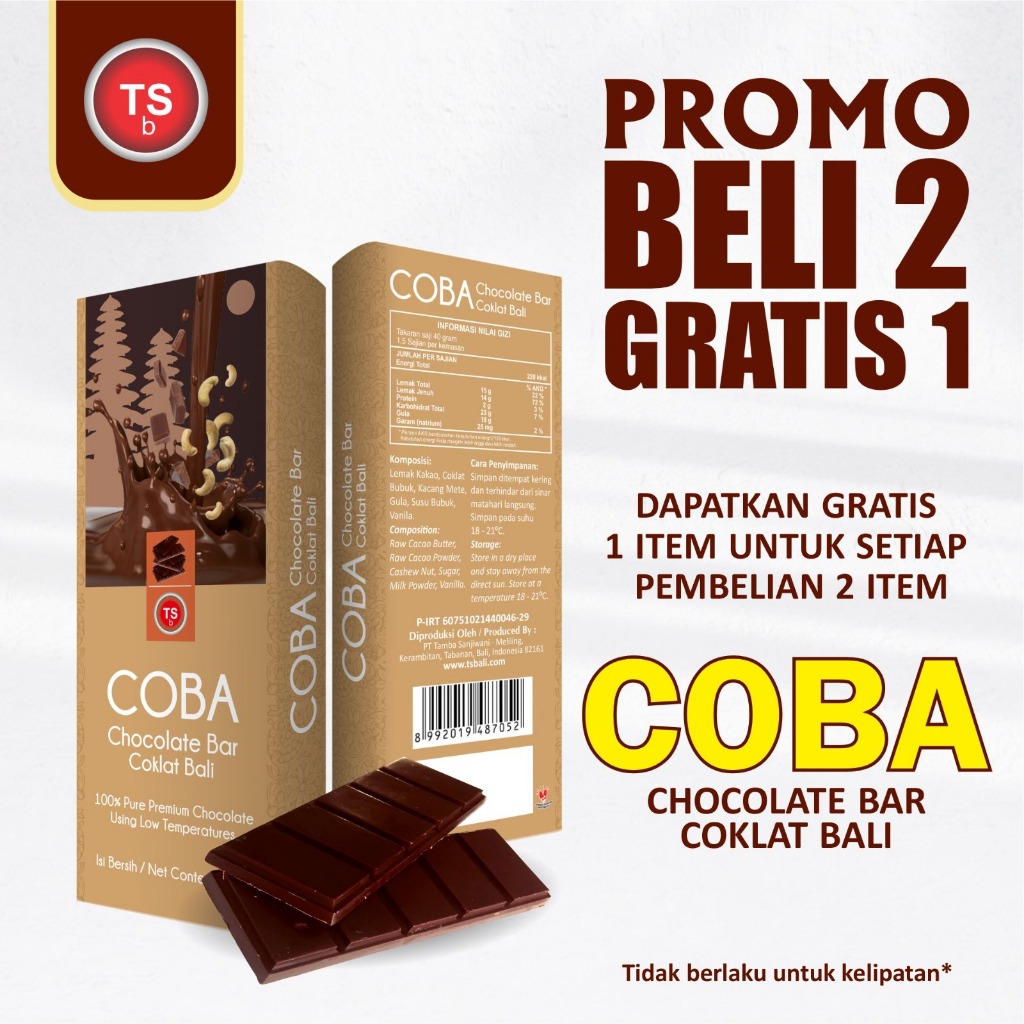 

BUY 2 GET 1 FREE! TSb Coba (Chocolate Bar_Coklat Bali) / Chocolate Bar / Cokelat Batang / Cokelat Premium 50 gr