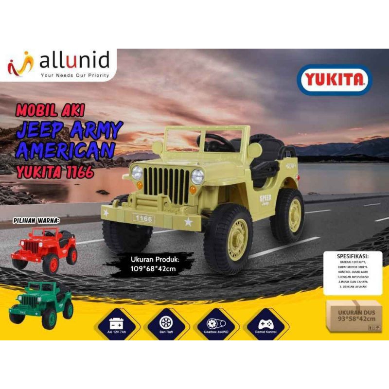 YKT1166/Mainan Mobil Aki Anak Jeep Army Retro Yukita/Mobil Aki Yukita Jeep 12v/Mobil Aki Remot Contr