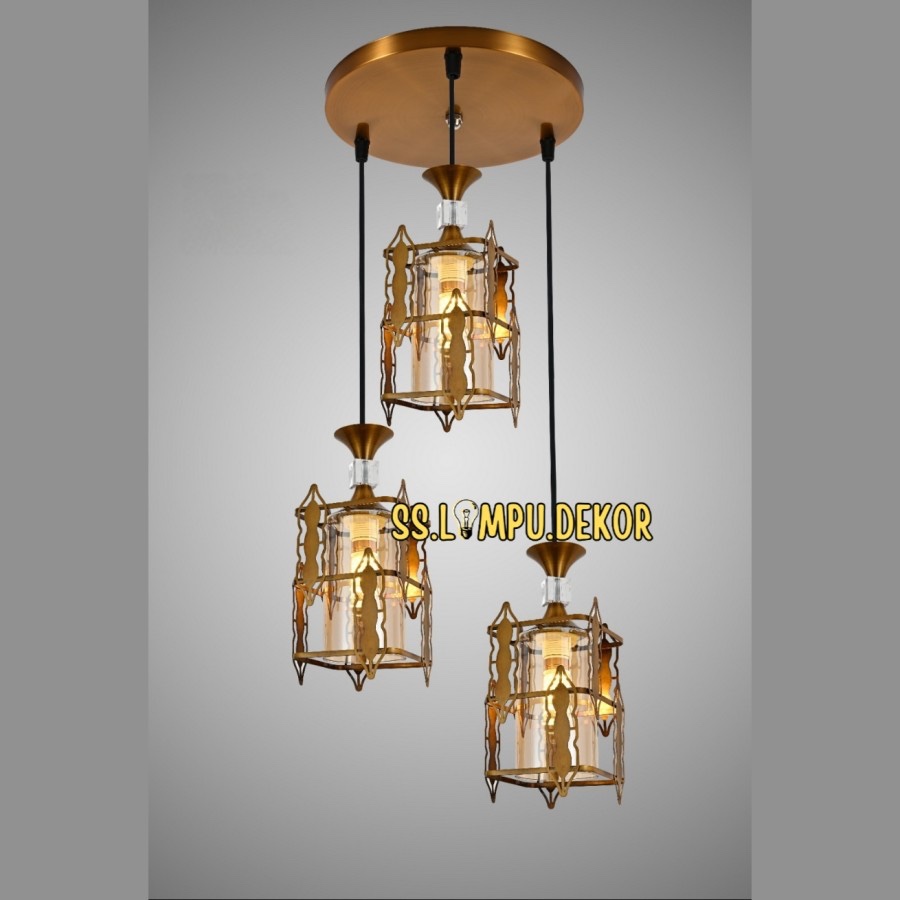 Lampu Gantung Minimalis Kotak Cabang 3 in 1 Gold Brass Mewah Hias Ruang Tamu Ruang makan