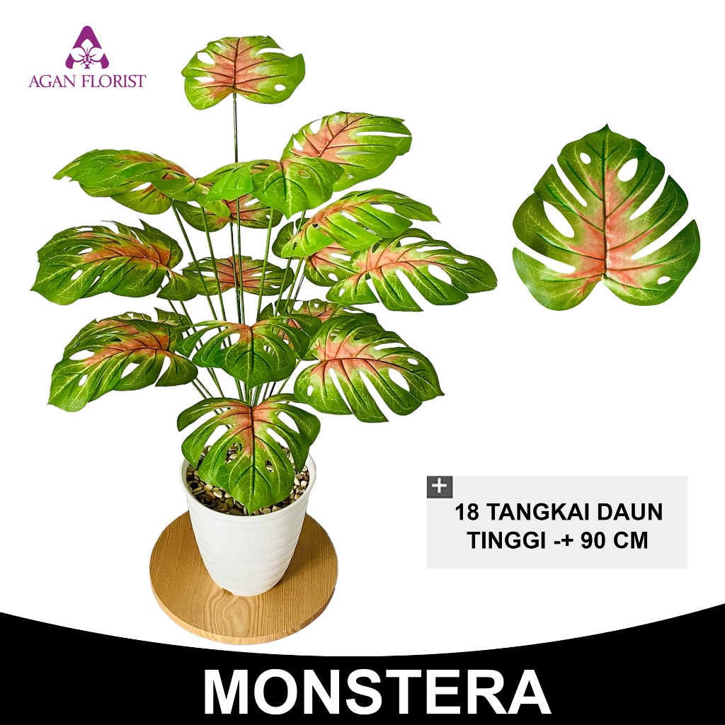 Tanaman Hias Daun Monstera Janda Bolong Artificial Plastik Palsu Dgn Pot 18 Cabang Bunga THD005-D