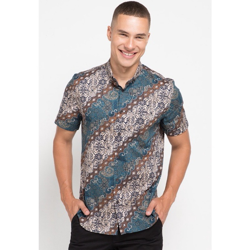 MOC Kemeja Batik Lengan Pendek Pria Slim Fit POCHINSKI 2 BESTBUY-BLUE Kemeja Cowok