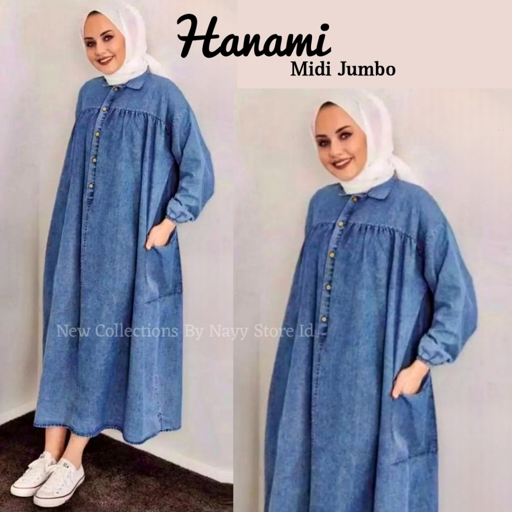 Hanami Midi Dress Jumbo Jeans Wanita Terbaru 2025 Long Dress Gamis Import Kekinian Big Size Style