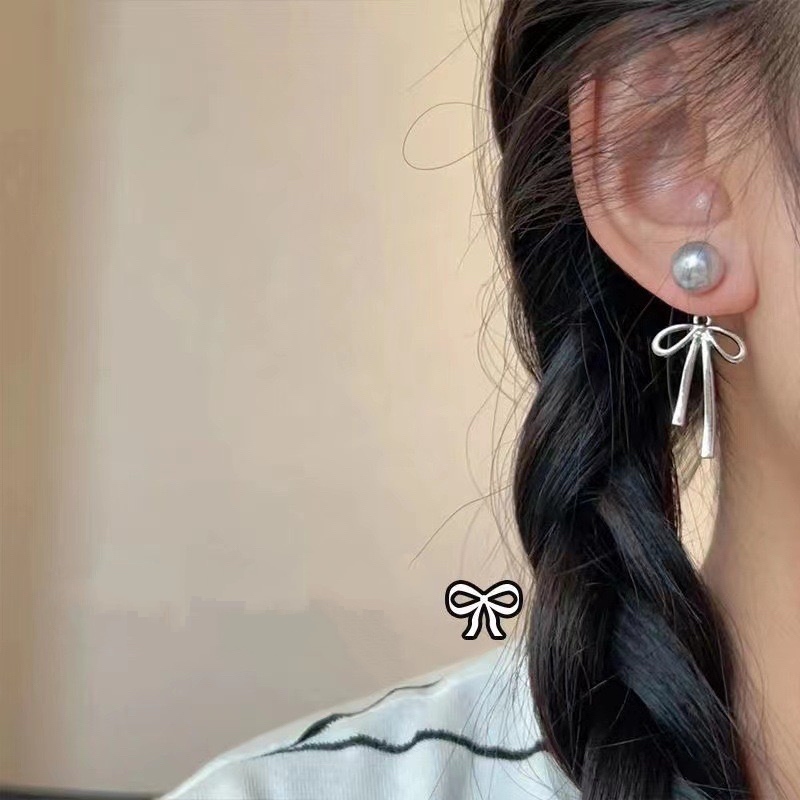 Anting Rumbai Panjang Pita Mutiara Abu-abu Keren Anting Cinta Wanita Anting Gaya Populer Baru