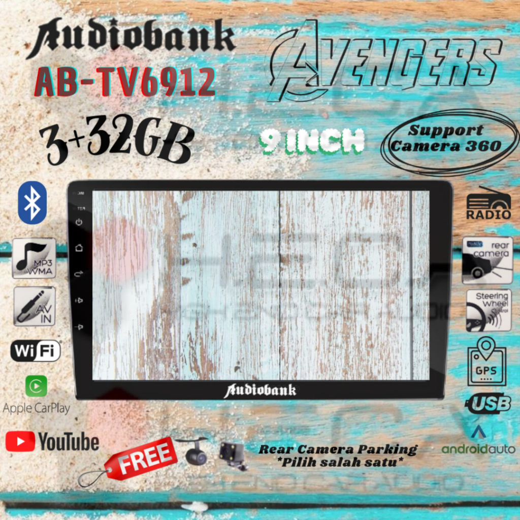 Audiobank Avengers AB-TV6912 3/32GB Android 9" Head Unit Double Din Tape Mobil 9 inch + Kamera Mundu