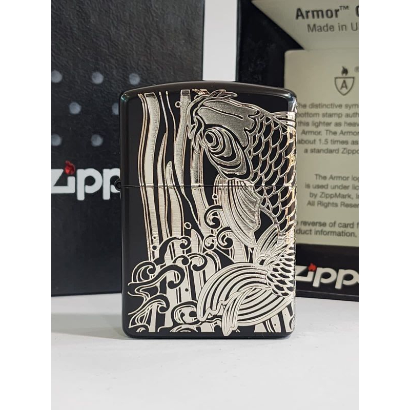 Original Zippo Armor Koi Fountain Black and White Gold Plated 2 sisi