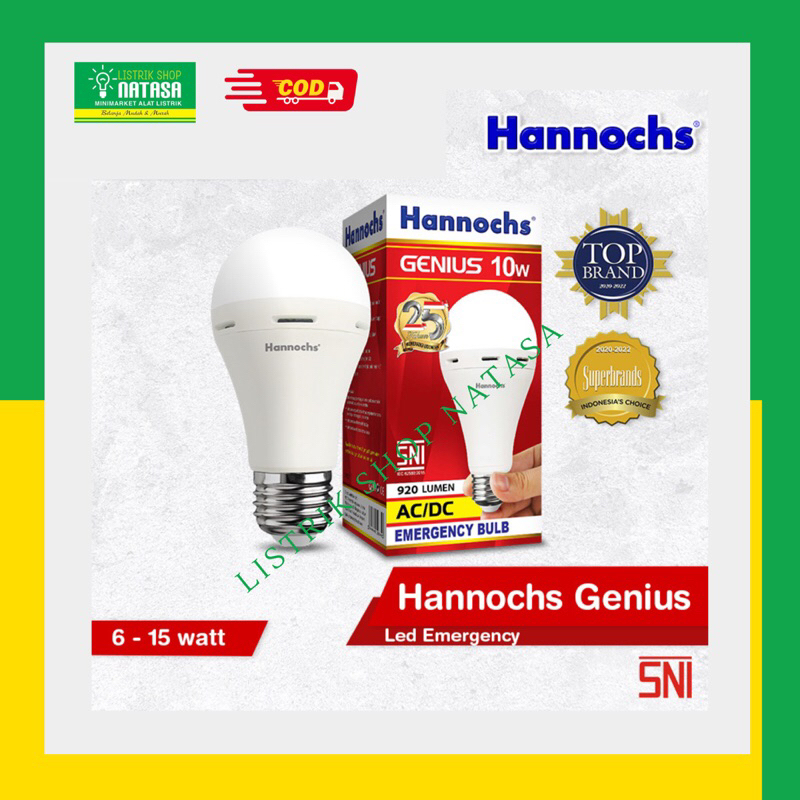 Lampu Hannochs Genius Led 10W Watt AC/DC Cahaya Putih Emergency Super Terang murah Bergaransi