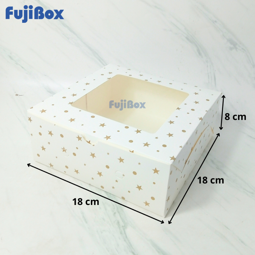 

(10 Pcs) Fuji Box Dus Kotak Kue Ivory Motif Polkadot Bintang Emas 18 cm x 18 cm x 8 cm Putih Ivory Premium Jendela