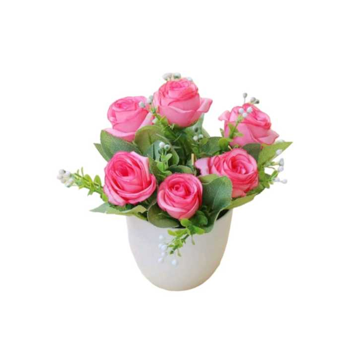 BUNGA HIASAN UNTUK DIMEJA TAMU / BUNGA MAWAR PLASTIK DAN POT PLASTIK