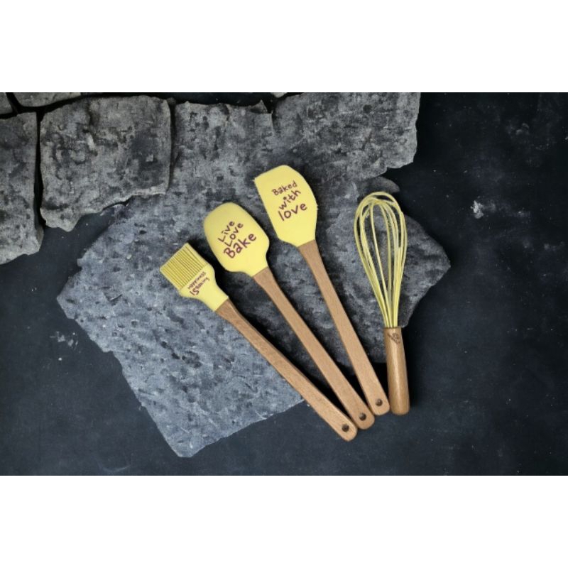Peralatan masak kue VICENZA V40B Kuning (light yellow) set Spatula, Scraper, Pengocok (whisk), Kuas 