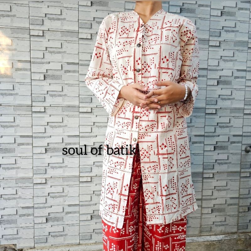 SETELAN BATIK NIAS TUNIK BATIK PUTIH CELANA KULOT BAJU LEBARAN IDUL ADHA