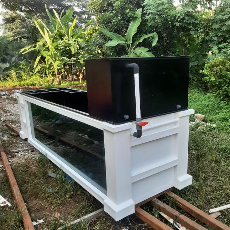 Kolam ikan hias kaca uk 250x80x80 filter samping+ filter waterfall kombinasi kaca hitam-putih