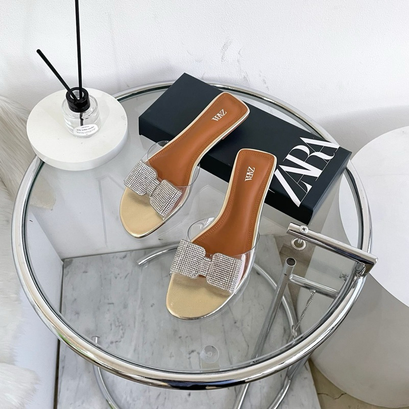 Gold ribbon flip flop sandals by Zara import high quality fashion shoes sandal pita wanita kantor ke