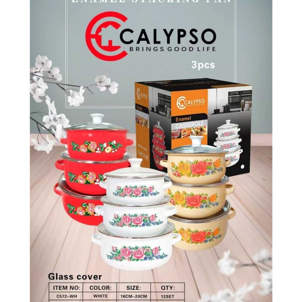 Cod / Panci calypso  bunga metalik set isi 3 / Panci bunga calypso 3 susun / Panci enamel bunga set 