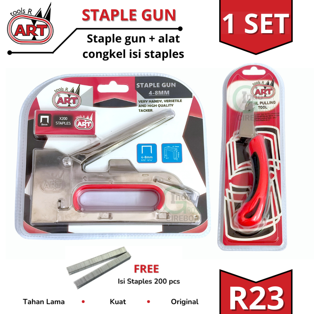

Staple Gun Tacker R23 + Congkelan Isi Staples ART Alat Cabut Pembuka Pencabut Pelepas Isi Staples Stapler Nail Pulling Tool Tembakan Steples Staples Stapler Warna Merah
