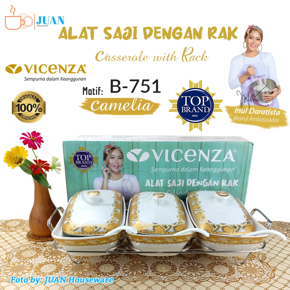 VICENZA Prasmanan segi set keramik isi 3 + tutup + rak motif camelia  / casserole / wadah saji porse