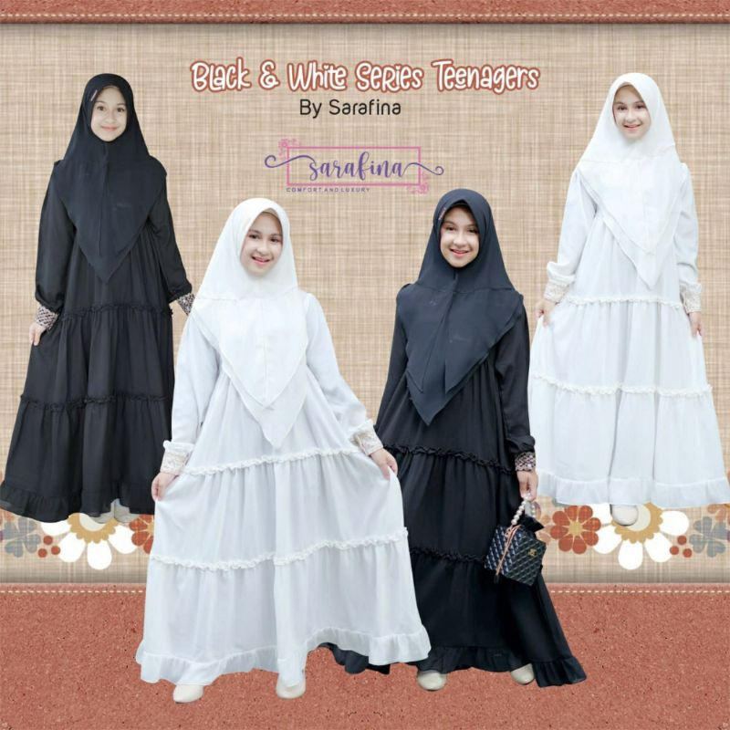 Set gamis putih hitam anak 8 - 12 tahun / Set gamis putih dan hitam / set gamis putih remaja / set g