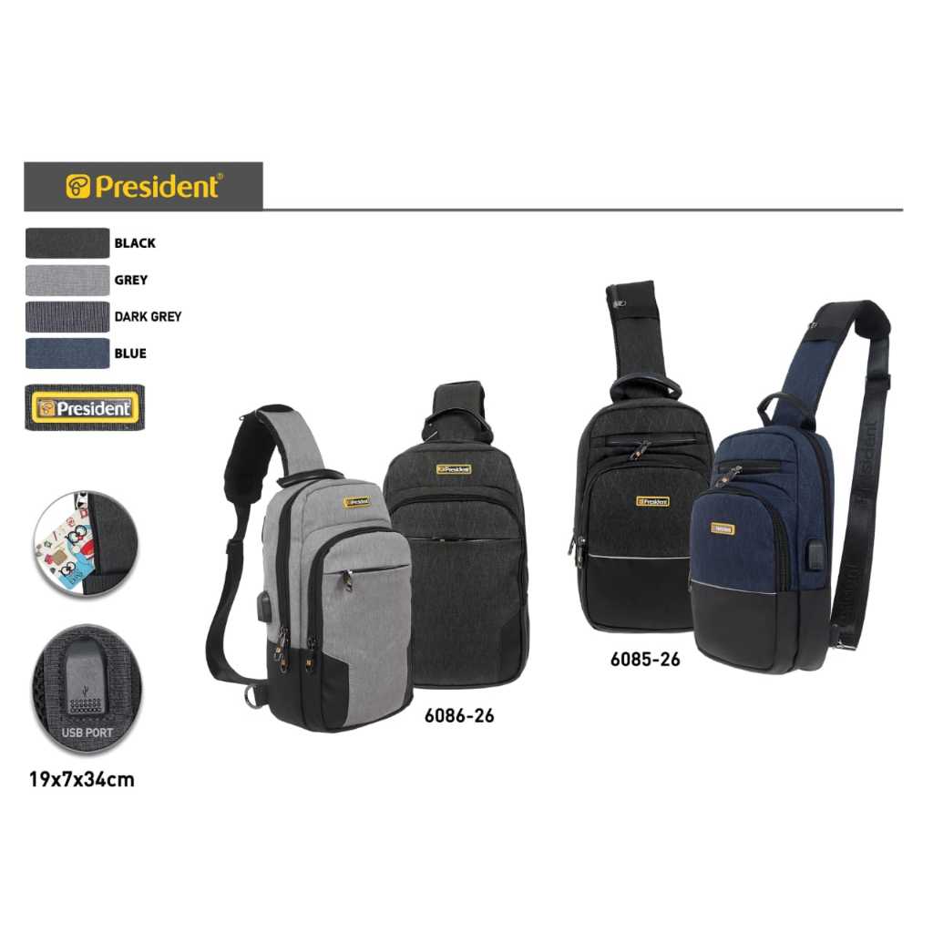 President Waistbag / Bodybag / Selempang Tas Gaul Pria / Wanita USB Original 6086