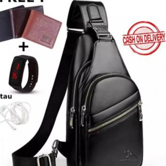 Terbaik Tas Selempang Pria Kulit Murah Anti Air  Jason Bag bonus Dompet  Jam Tangan LEDHeadset