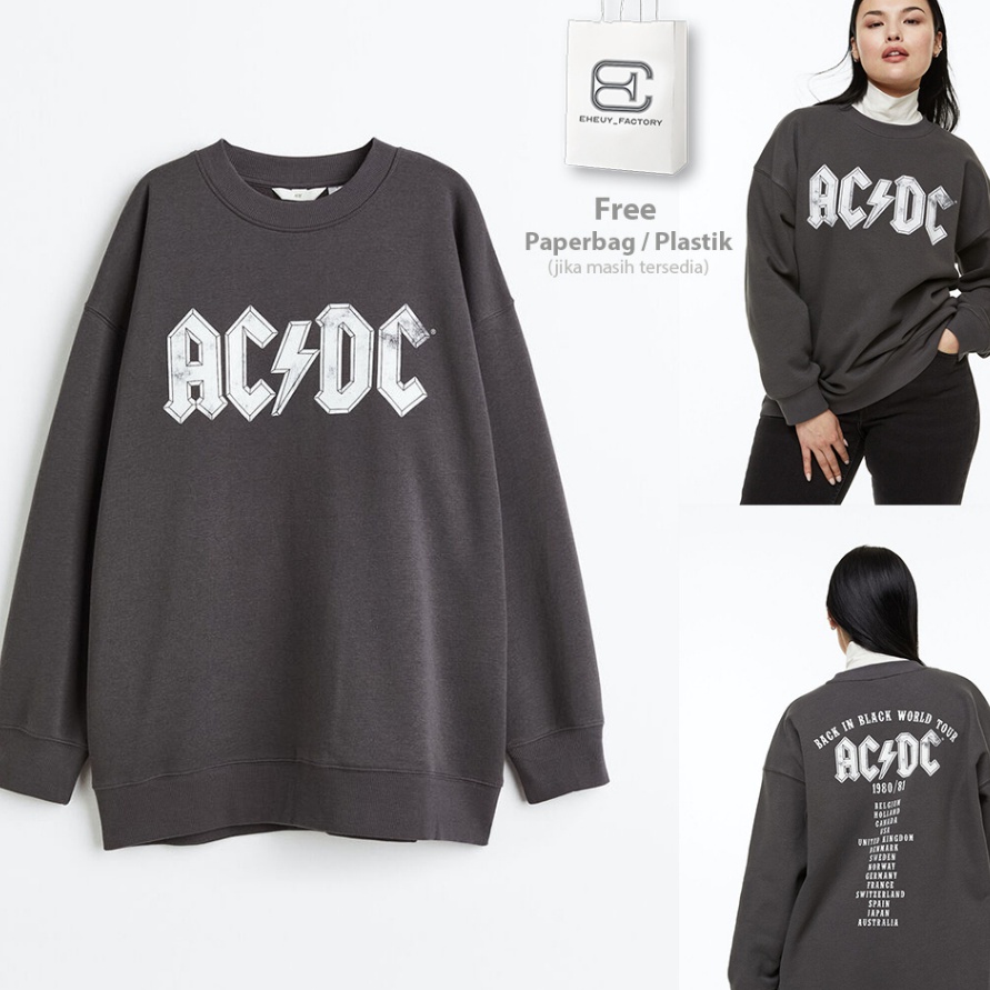 KODE 77 Crewneck HM ACDC TOUR Dark Grey Original BlackWash Hitam Buluk Sweater Washed Wanita Flecee 