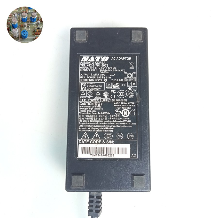 SATO KOREA TG-5011-19V-ES Adaptor 19V 2.7A Made in Malaysia / Adaptor Printer