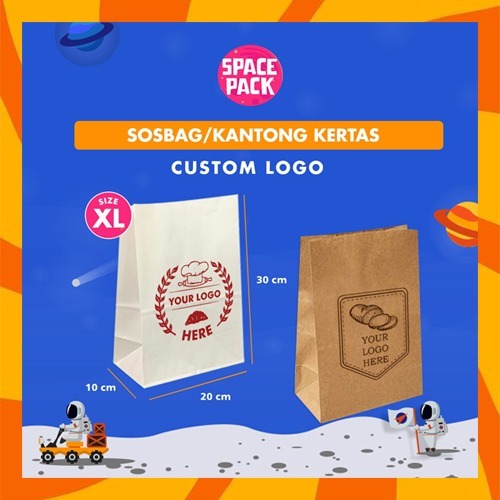 

CUSTOM CETAK LOGO Sosbag / Kantong Kertas (XL) White/Brown, FREE DESAIN - SPACEPACK