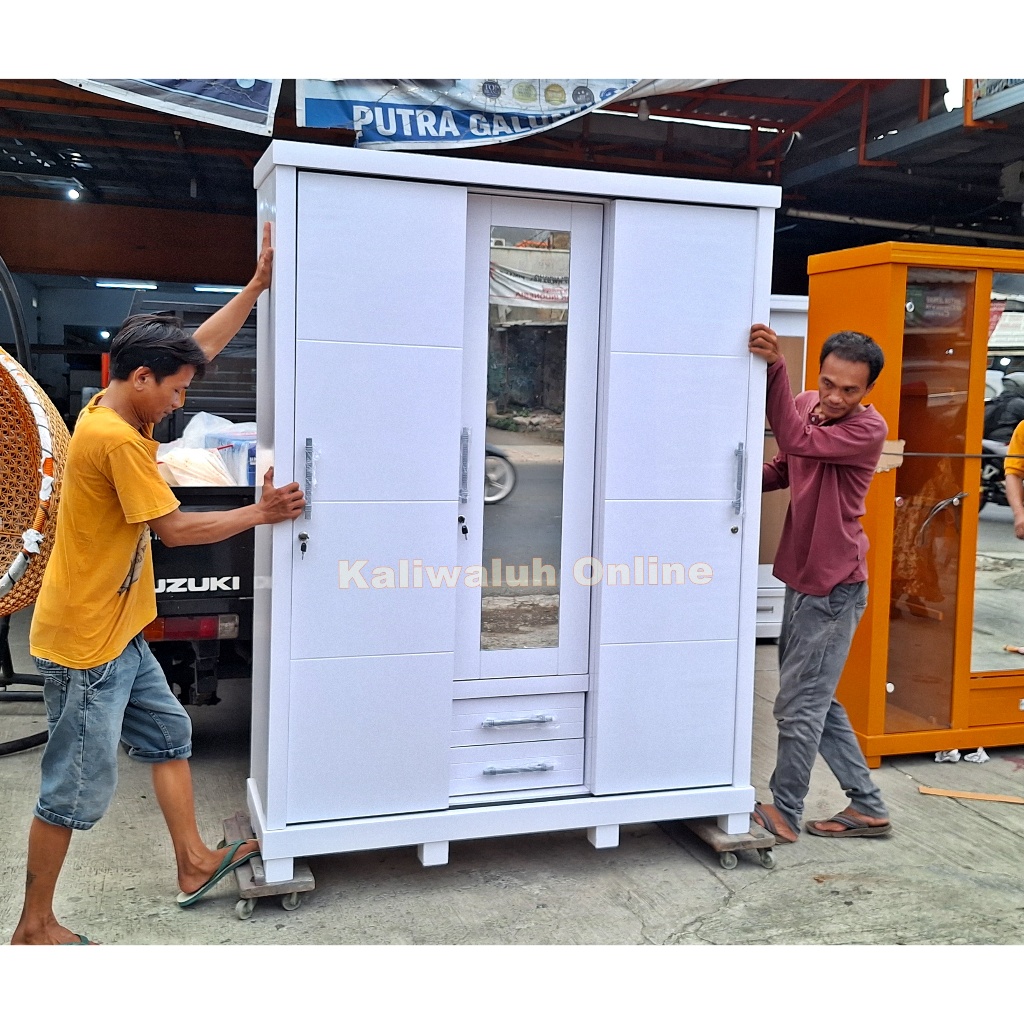 Lemari KAYU Pintu 3 sliding Warna Putih Evalia