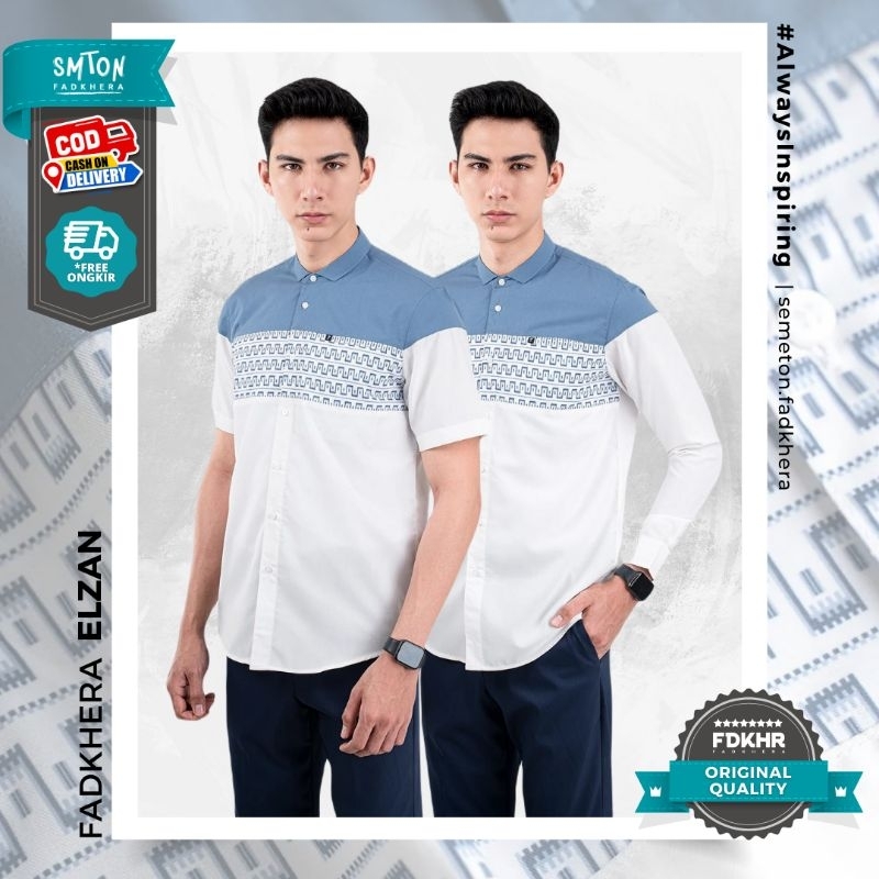 Koko Fadkhera ELZAN kemeja koko modern baju pria putih motif biru