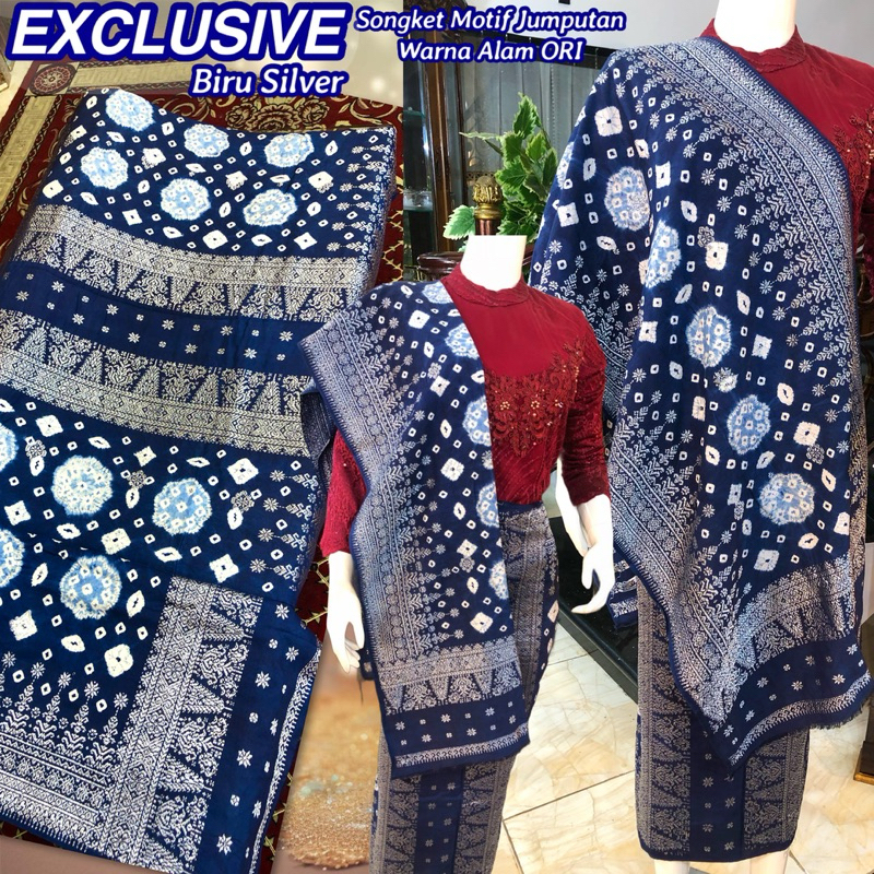 EXCLUSIVE Songket Tenun Motif Jumputan ORI Biru Silver /songket tenun asli palembang /ilham songket 