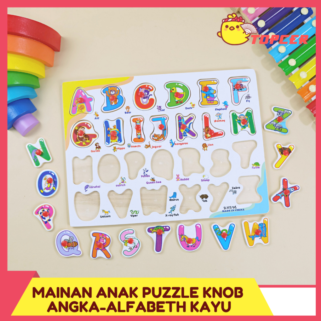 Puzzle Kayu Knob Premium Puzzle Alfabeth / Puzzle Huruf / Puzzle Angka /Puzzle Knob murah