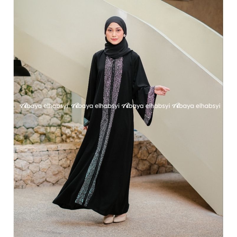 Excluaive Abaya elhabsyi Dubai 1089 Gamis Arab Hitam Bahan jet black combinasi Sifon
