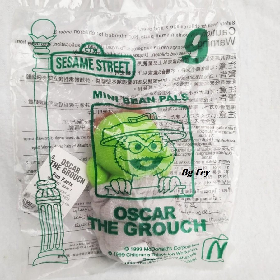 Sesame Street Boneka Mini Bean Pals No 9 Oscar The Grouch - Mc D 1999