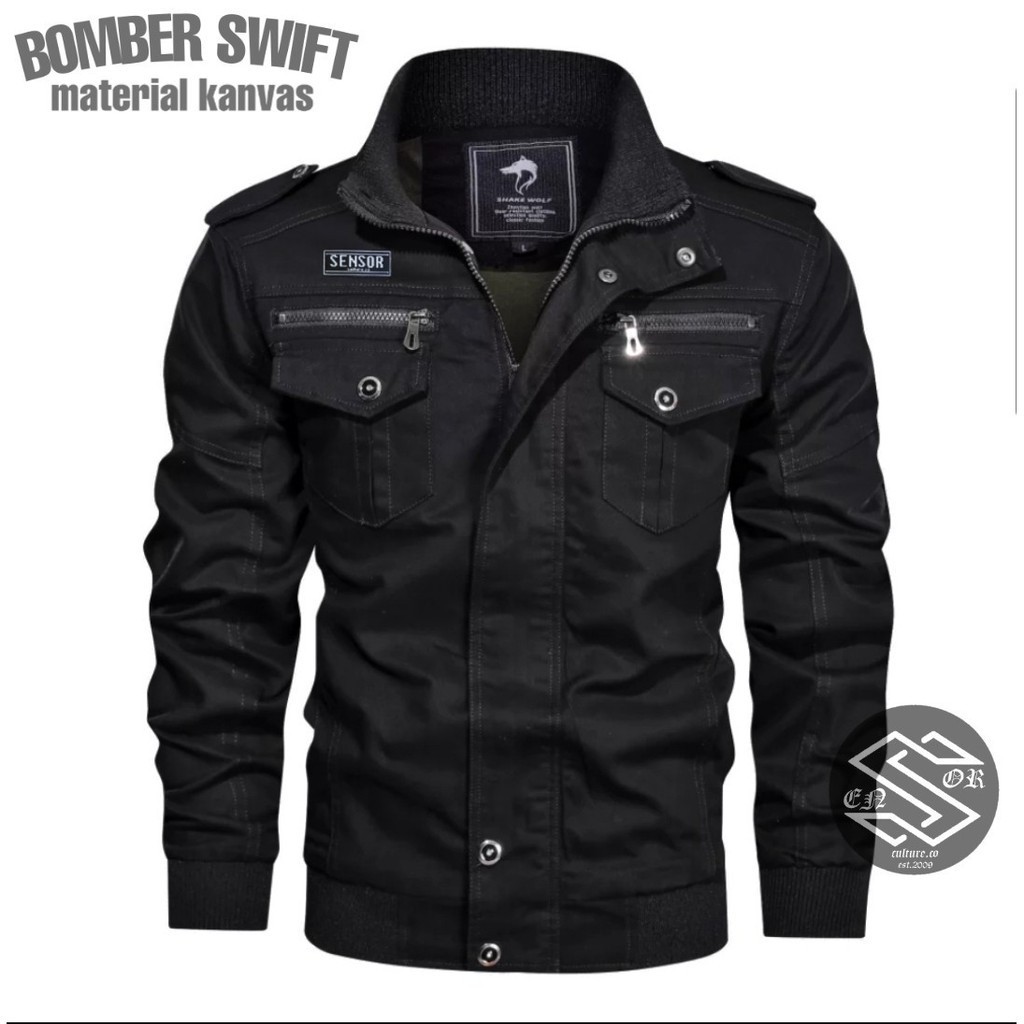 Jaket Bomber Zipper Canvas Pria Bomber Swift Cowok Casual Original