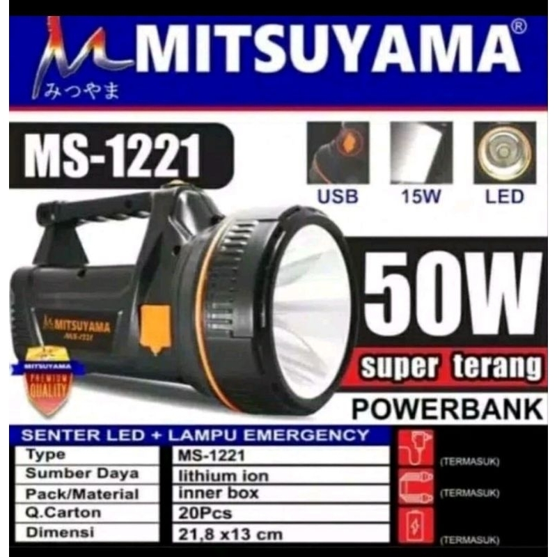 SENTER TANGAN MITSUYAMA LED JUMBO 50 WATT - SENTER MS-1221 SUPER TERANG + LAMPU EMERGENCY