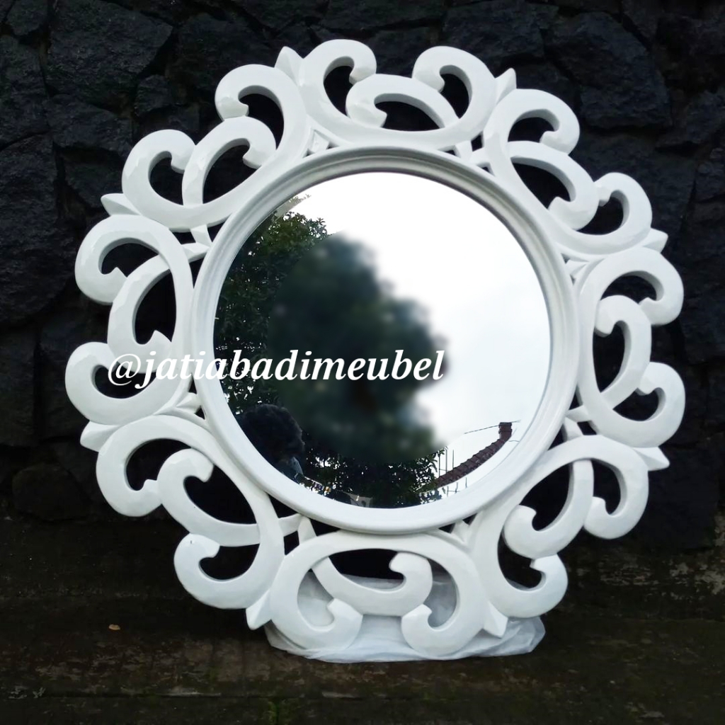 Figura Cermin Kaca Hias Dinding Bulat Putih, Pigura Kaca Cermin Hiasan Dinding Bulat Putih