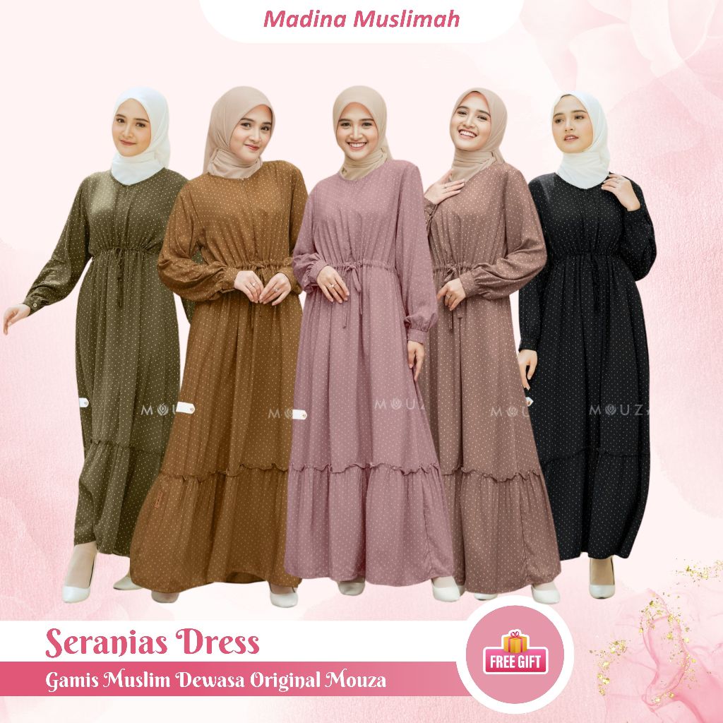 [Original] Mouza Seranias Dress Gamis Rayon Adem Gamis Motif Polkadot Homedress Panjang Busui Friend